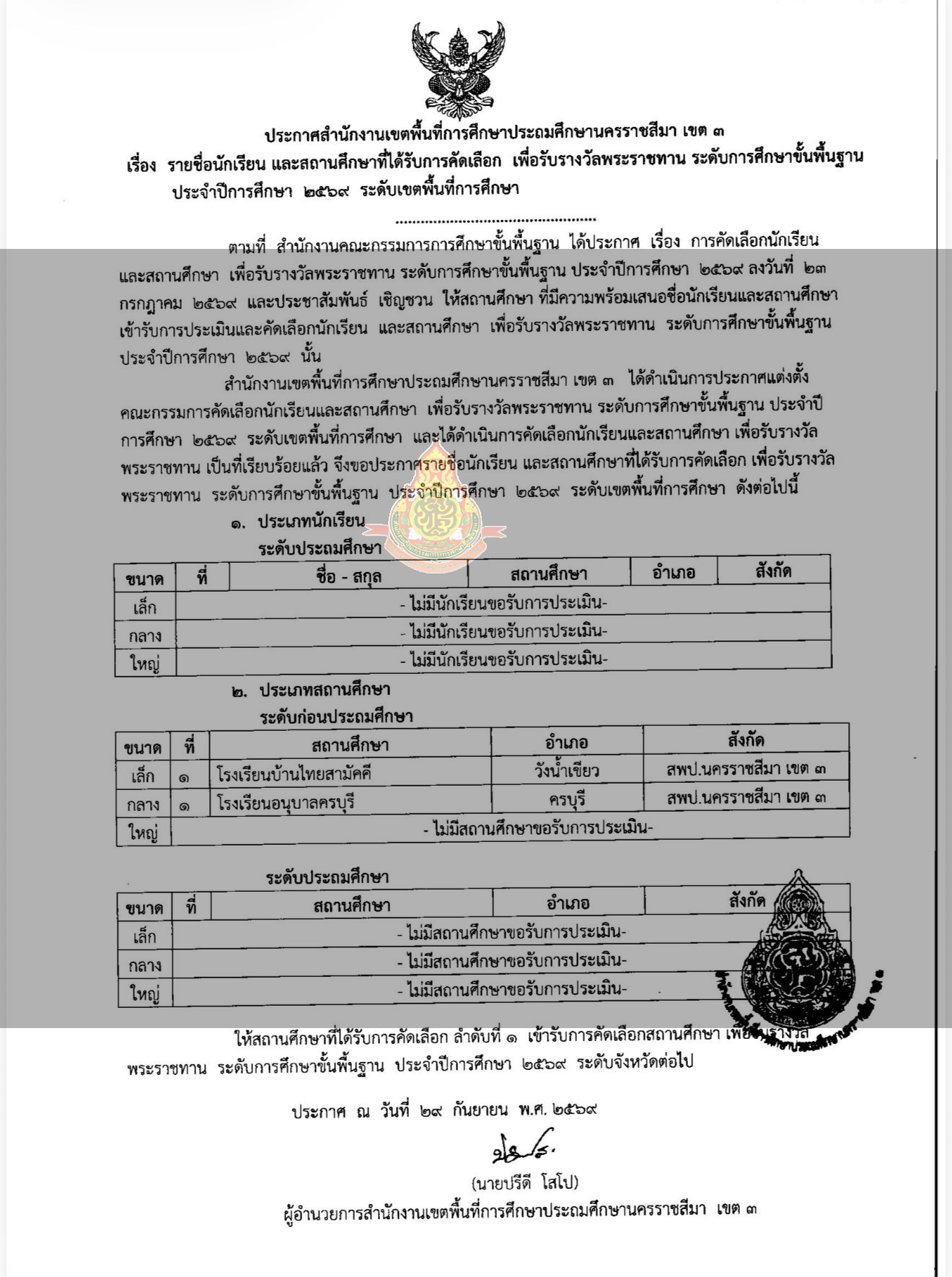 รางวัลพระราชทานระดับ ระดับการศึกษาขั้นพื้นฐาน ก่อนประถมศึกษา ระดับเล็ก ระดับเขตพื้นที่การศึกษา ประจำปีการศึกษา 2569