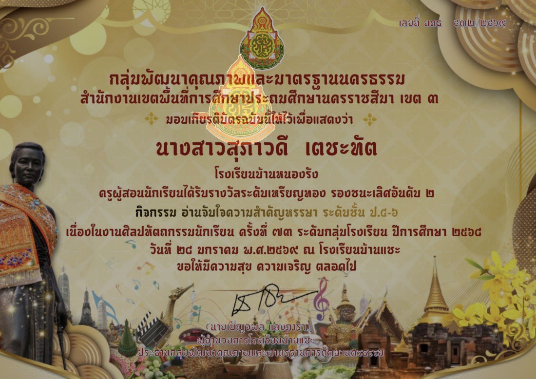 ครูผู้สอนนักเรียนได้รับรางวัลระดับเหรียญทอง รองชนะเลิศอันดับ๒ กิจกรรมอ่านจับใจความสำคัญหรรษา ระดับชั้นประถมศึกษาปีที่ ๔-๖  ศิลปหัตถกรรมนักเรียน ระดับกลุ่ม ครั้งที่ ๗๓
